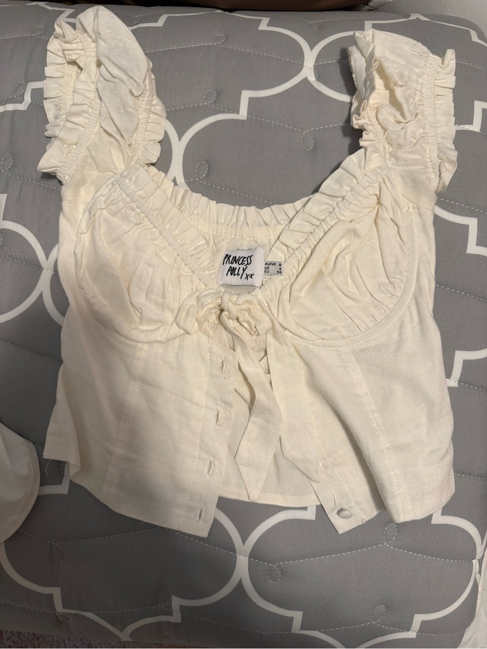 Princess Polly Cream Ruffled Tie-Front Crop Top